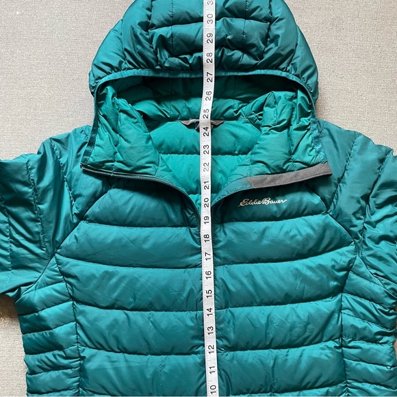 Eddie Bauer Women’s Size Large Turquoise Stormdown 800 Hooded Puffer Jacket - Picture 10 of 12